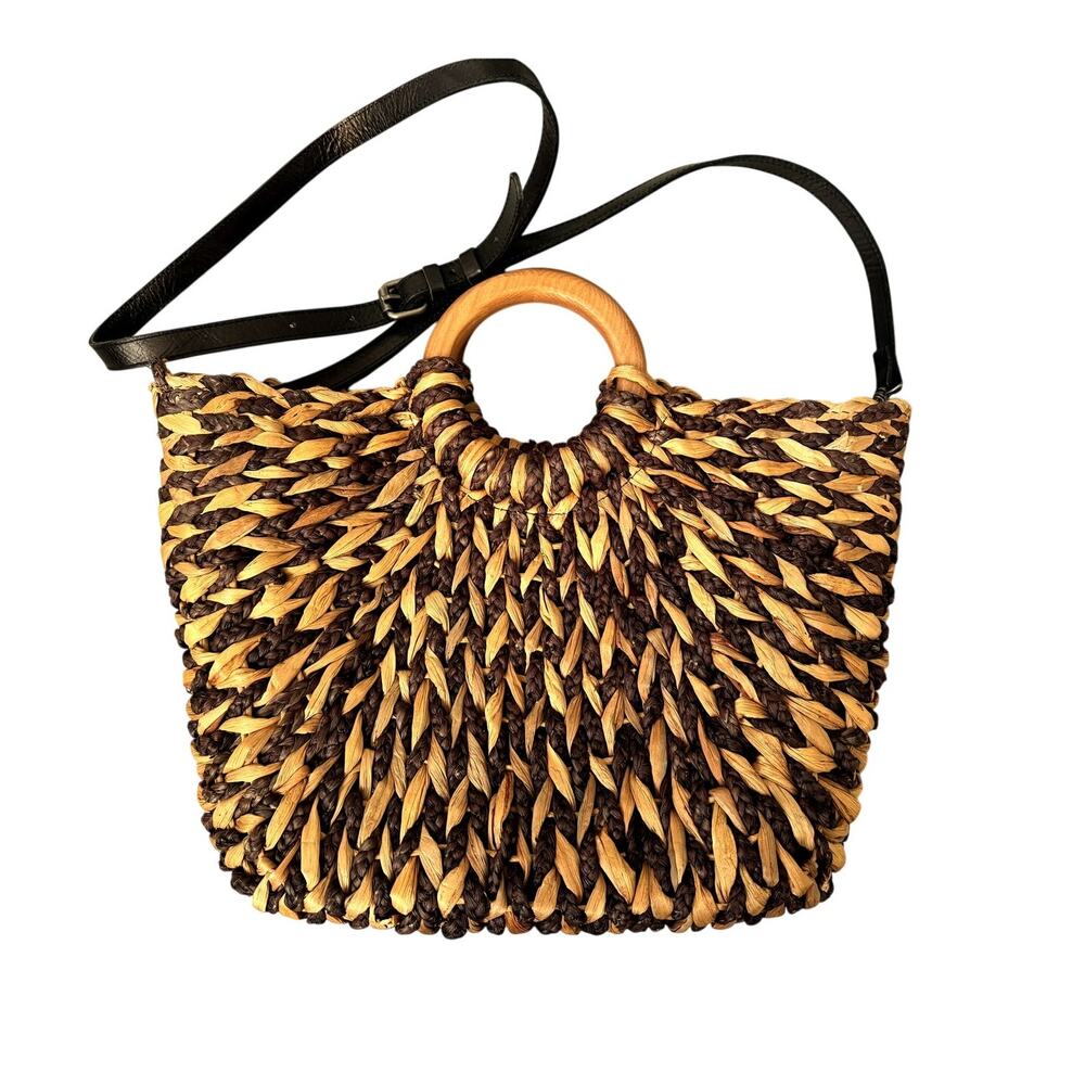 Patricia Nash Woven Raffia Tote Wooden Ring Handle Leather Crossbody Strap